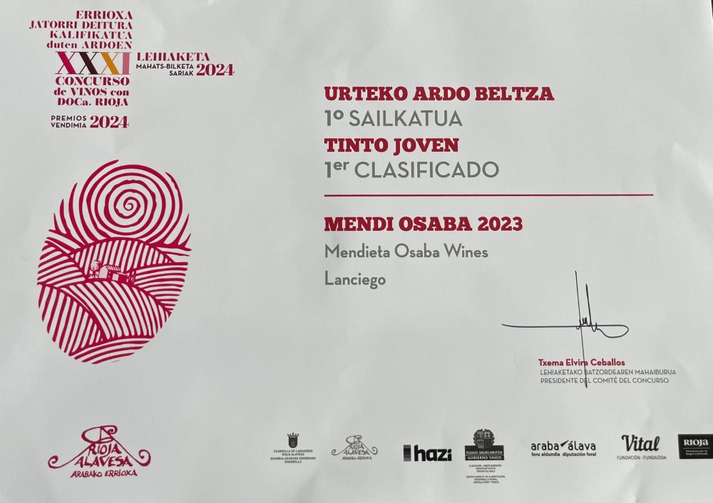 Diploma Mejor Tinto Joven Rioja Alavesa