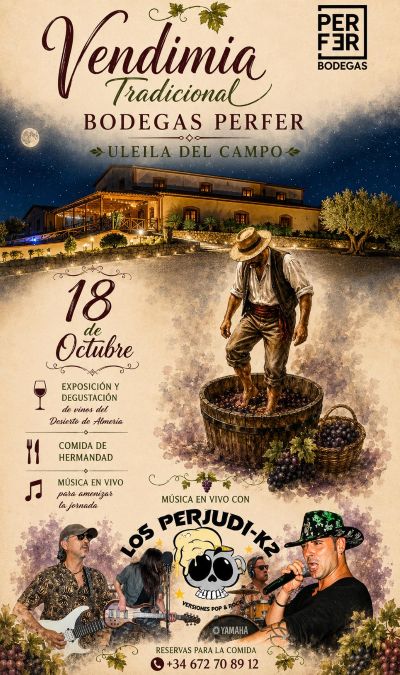Cartel de la Vendimia Tradicional de Bodegas Perfer en Uleila del Campo, Almería, el 18 de octubre